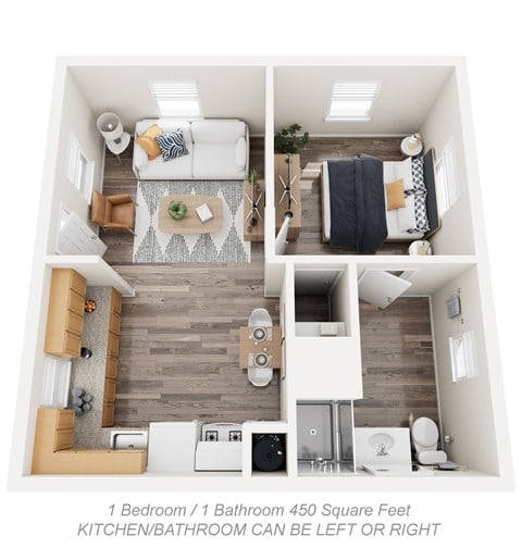 Floor plan for 1 bed, 1 bath, 450 sqft